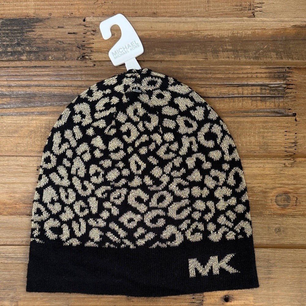 NWT Michael Kors Black and Gold Leopard Beanie
